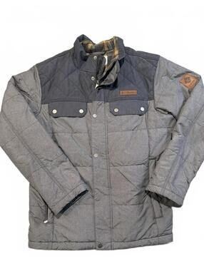 Columbia Jacket Men Medium Gray Quilted Plaid Lined Puffer Utility Coat